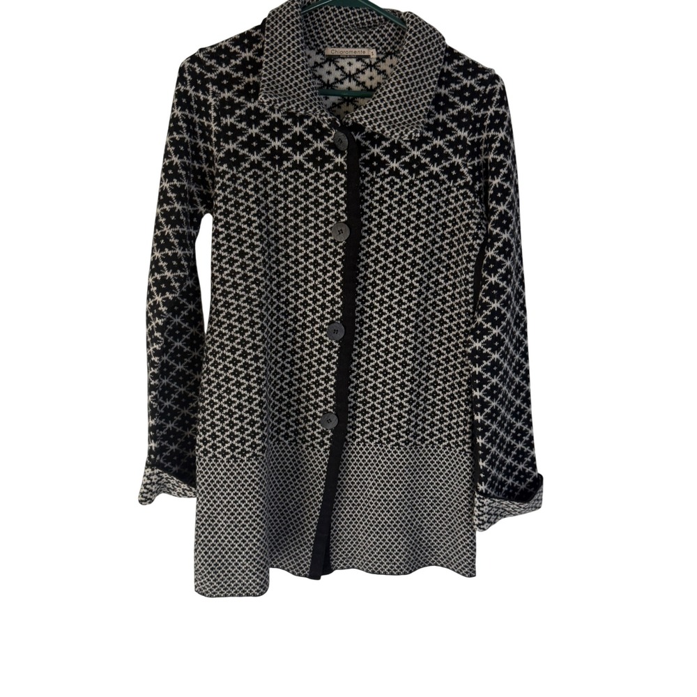 Chiaramente Italy Wool Blend‎ Cardigan Sweater Button Front Black Beige Small